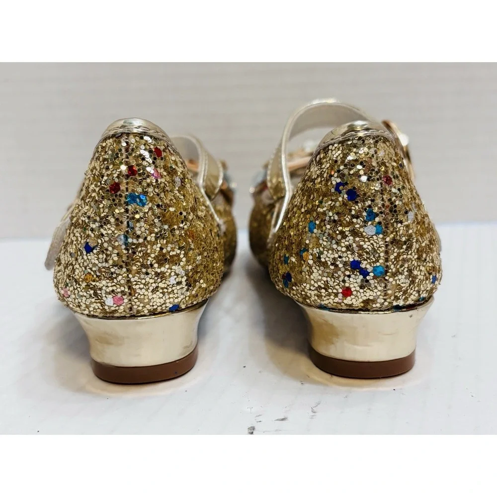 Wal-Fou Girls Gold Glitter Mary Jane Dress‎ Shoes Rhinestone Bow Size 7 Kids